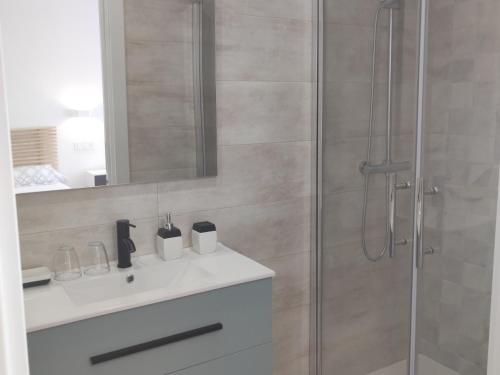 ein Bad mit einer Dusche, einem Waschbecken und einem Spiegel in der Unterkunft Apartamentos Atenea Jerte in Jerte