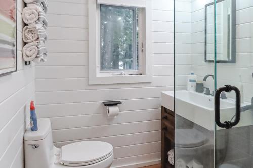 a white bathroom with a toilet and a sink at Lake Winni Cottage in Moultonborough