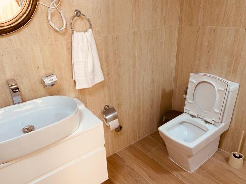 Łazienka z białą toaletą i umywalką w obiekcie Auto Tana Guest House w Tiranie