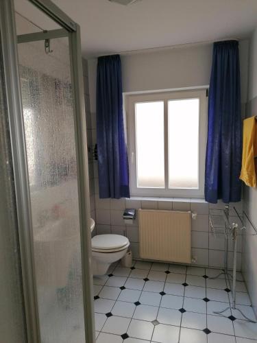 a bathroom with a toilet and a window at Ferienwohnung Andresen in Rerik