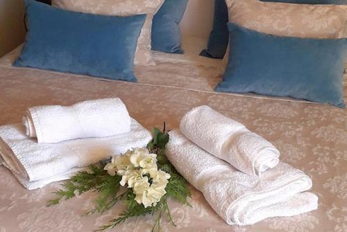 dwa ręczniki i kwiaty na górze łóżka w obiekcie LOS CLAVELES w mieście Hornachuelos