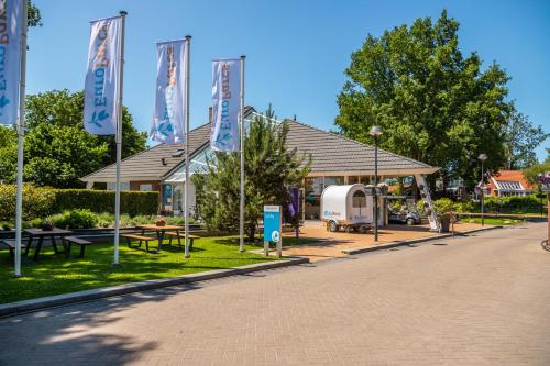 a building with flags in front of a park at EuroParcs Bad Hoophuizen in Hulshorst