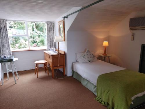 a bedroom with a bed and a desk and a window at Yellowwood Lodge in Knysna