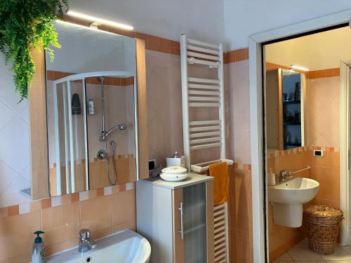 La salle de bains est pourvue d'un lavabo, de toilettes et d'un miroir. dans l'établissement Appartamento incantevole a Parma, à Parme