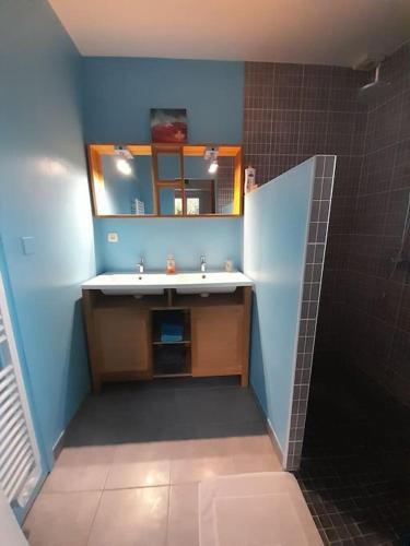 une salle de bain avec un lavabo et un miroir dans l'établissement Maison de la foret, à Le Theil-en-Auge
