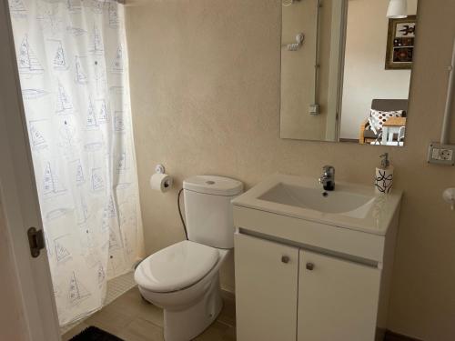 a bathroom with a toilet and a sink and a mirror at Casa La Cabezada in San Sebastián de la Gomera