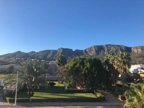 einen Park mit Palmen und Bergen im Hintergrund in der Unterkunft Apartamento con piscina en Alicante, Beniarbeig in Beniarbeig