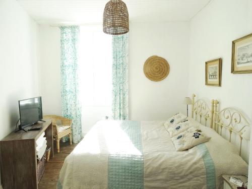 a bedroom with a bed and a tv and a window at Maison de Fortitude Chambres d'hotes in Salviac