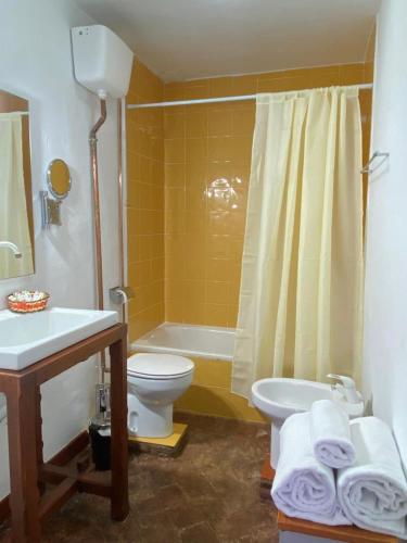 a bathroom with a toilet and a sink and a tub at Casas Rurales Monasterio de Rocamador in Almendral