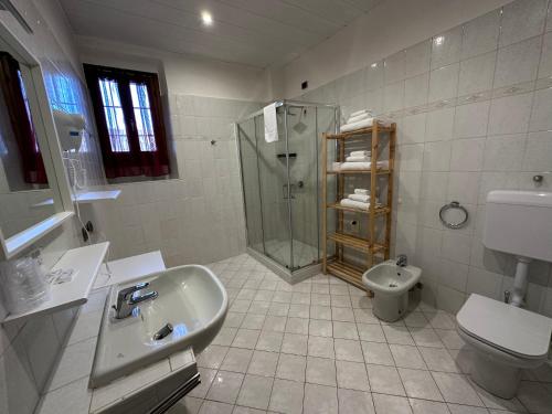 uma casa de banho com um chuveiro, um lavatório e um WC. em Hotel Duca di Tromello em Tromello