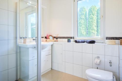 a bathroom with a toilet and a sink and a window at Ferienhaus Ostsee in Dorf Mecklenburg