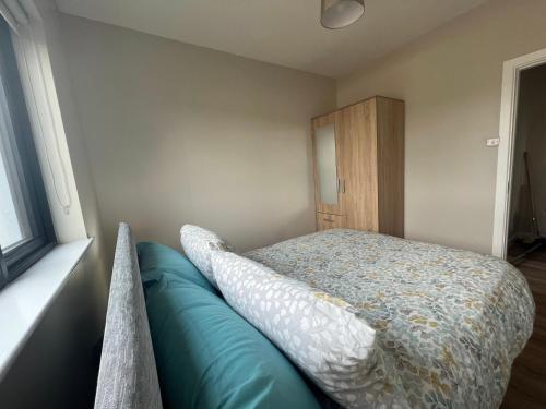 1 dormitorio con cama con almohada y ventana en Top of the Town No.5, en Cootehill