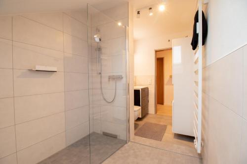 baño con ducha y puerta de cristal en Ferienwohnung Fischer, en Holzmaden