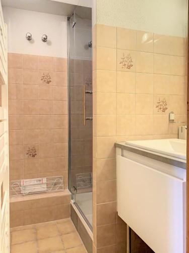 une salle de bain avec douche et lavabo dans l'établissement SH104 - Studio 4 pers centre des Carroz, aux Carroz d'Arâches