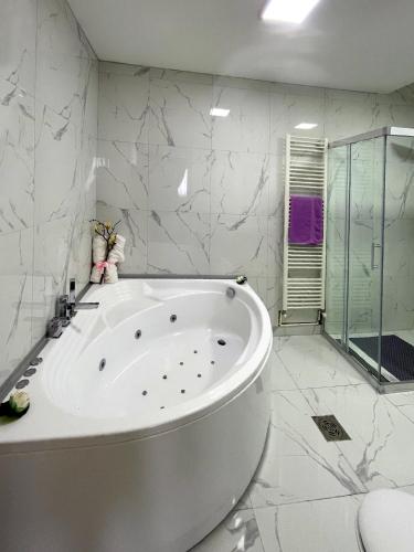 a white bathroom with a tub and a shower at Freya SPA Apartments in Niš