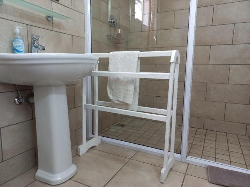La salle de bains est pourvue d'une douche et d'un lavabo. dans l'établissement Come Home in Oudtshoorn Self-Catering Units, à Oudtshoorn