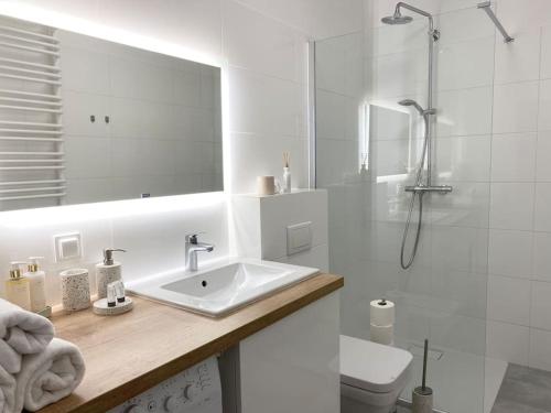 La salle de bains blanche est pourvue d'un lavabo et d'une douche. dans l'établissement Ultra Apartments Kamienica Nova II, à Szczecin