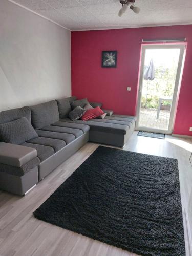 a living room with a gray couch and a red wall at Schöne Wohnung direkt am Bach in Neunkirchen am Sand