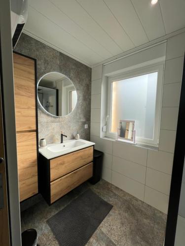 a bathroom with a sink and a mirror at Le Séjour qu'on M in Le Cateau