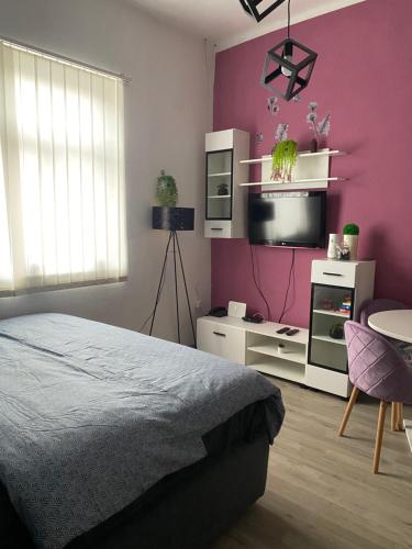 a bedroom with a bed and a tv on a pink wall at Studio Apartman Jovičić in Bjelovar