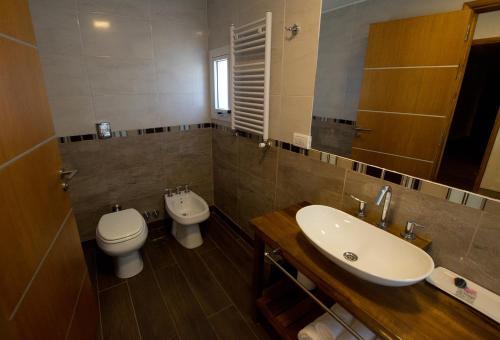 un baño con aseo y aseo y espejo en el HOTEL MIS SOLES de Villa Gesell