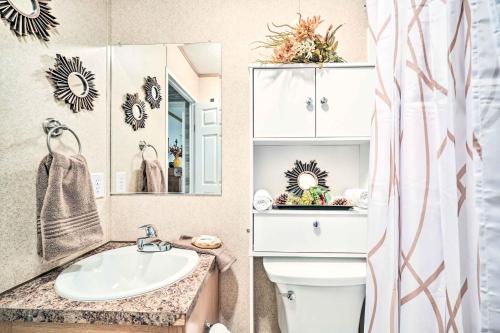ein Badezimmer mit einem Waschbecken, einem WC und einem Spiegel in der Unterkunft Charming Blue Knob Home Near Golfing and Skiing 