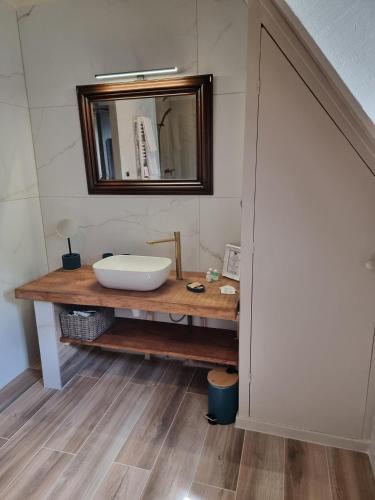 a bathroom with a sink and a mirror at Le Domaine du Terroir à 5 minutes des Grottes de Lascaux in La Chapelle-Aubareil