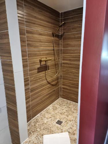 a bathroom with a shower with a wooden wall at Le Domaine du Terroir à 5 minutes des Grottes de Lascaux in La Chapelle-Aubareil