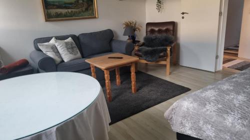 a living room with a couch and a table at Kastanievejens overnatning in Svendborg