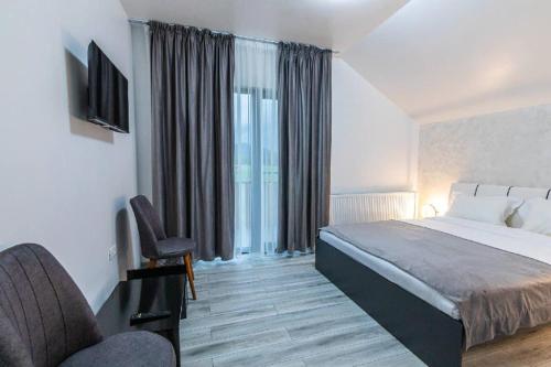 een hotelkamer met een bed en een raam bij CASA VIKI in Bănicel
