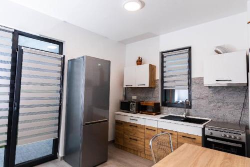 een keuken met een roestvrijstalen koelkast en houten kasten bij CASA VIKI in Bănicel