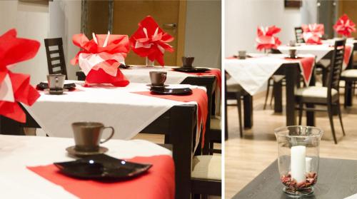 two pictures of tables with red and white tablecloths at Hotel Duquesa in Seville