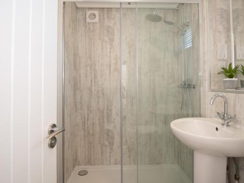 a bathroom with a shower and a sink at Murmur y Coed in Llanfairpwllgwyngyll