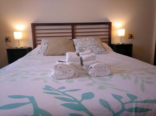 1 dormitorio con 1 cama con toallas en Andramari Tourist Home Parking& wifi en Amorebieta-Etxano