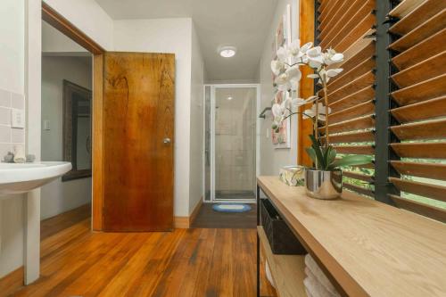 a bathroom with a sink and a counter top with a sink at Cook Islands Holiday Villas - Turtle Villa in Arorangi