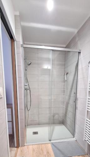 a shower with a glass door in a bathroom at Fortel Clairmarais in Reims