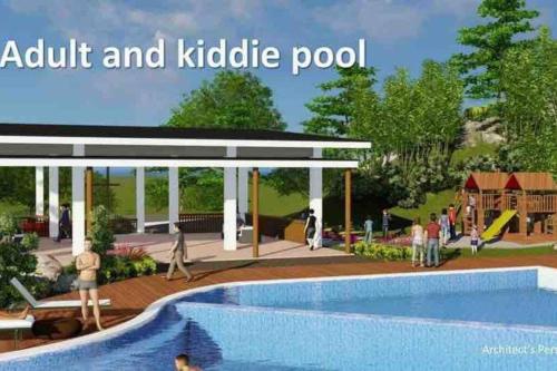 an artist rendering of a backyard pool with a playground at ChaVid town house has two bedrooms in San Fernando