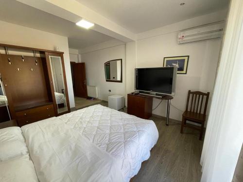 a bedroom with a bed and a flat screen tv at Hotel Tirona in Tushemisht