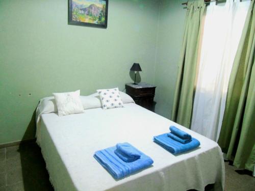 een slaapkamer met een bed met blauwe handdoeken bij Hermoso departamento con entrada independiente! in La Rioja