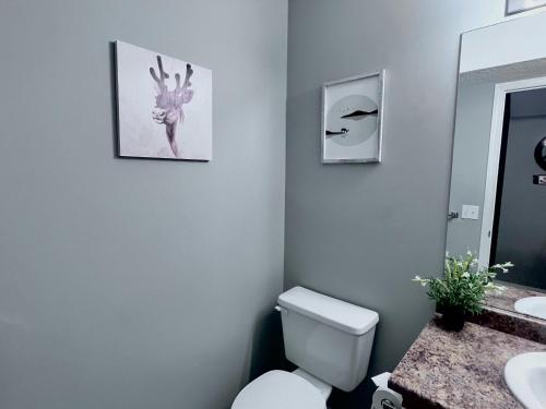 a bathroom with a toilet and two pictures on the wall at Canadian Rockies Chalets by Trilink - 2 & 3 Bedroom Condos - Self Check-In - Walking Distance to Downtown - Free Parking - Pet-Friendly - No AC in Canmore