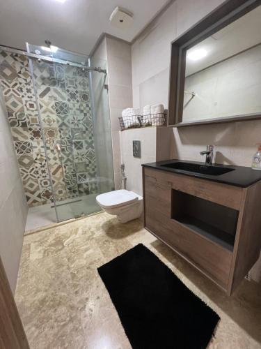 a bathroom with a toilet and a sink and a shower at Appartement Morillon 47 ou 39 au quartier Maarif in Casablanca