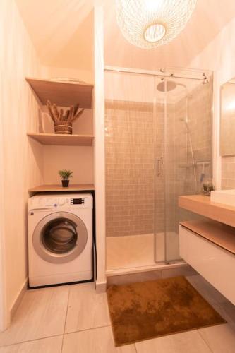 une machine à laver dans une salle de bain avec douche dans l'établissement Le Cocon-T2-40m2-Centre ville 10min Disney, à Bussy-Saint-Georges