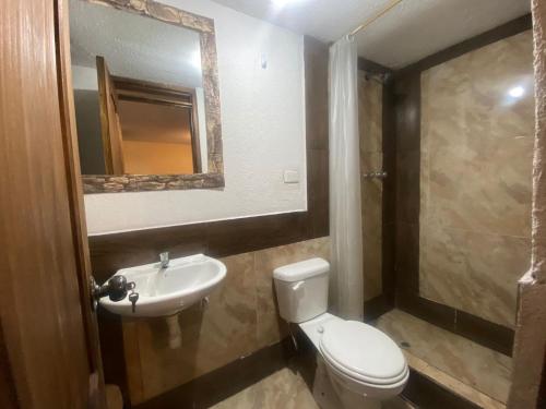 a bathroom with a toilet and a sink and a mirror at Hostería La Cabaña in Machachi