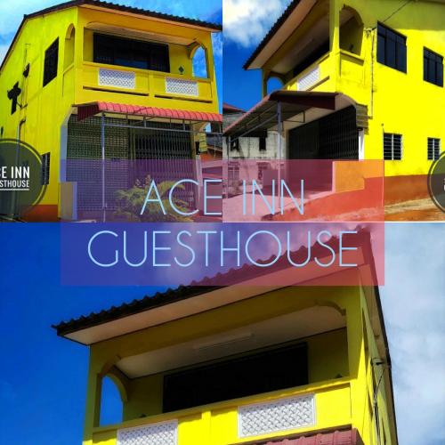 a collage of photos of a yellow building at Ace Inn Guest House in Rantau Panjang