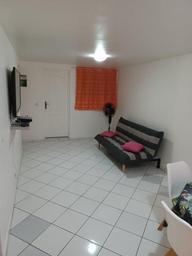 a living room with a couch and a television at Petit cocon in Les Abymes