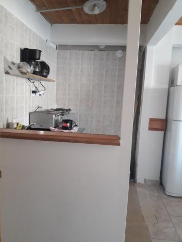 a kitchen with a counter and a refrigerator at Departamentos Paisaje del Beagle in Ushuaia
