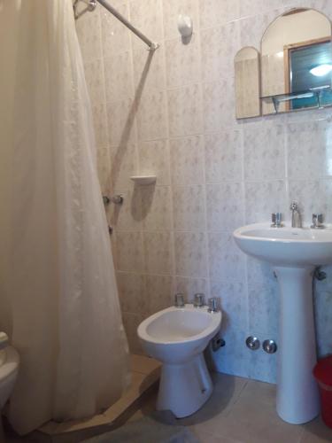 a bathroom with a sink and a toilet and a shower at Departamentos Paisaje del Beagle in Ushuaia