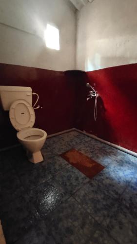 a bathroom with a toilet and a red wall at StoneAge Resort Sakleshpur in Sakleshpur