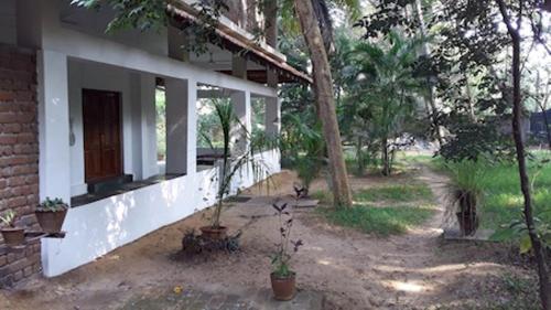 a porch of a house with potted plants on it at Isai Ambalam guest house in Pondicherry