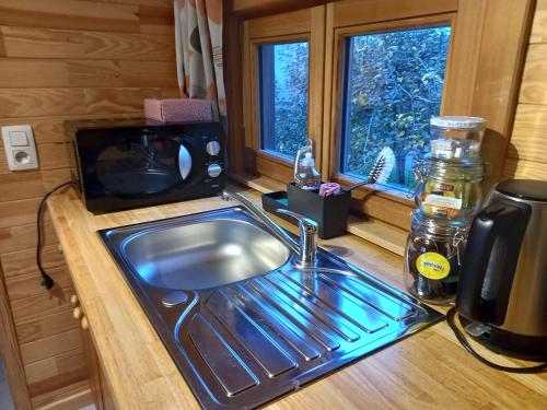 eine Küche mit einer Spüle und einer Mikrowelle in der Unterkunft Camping des Saules in Jurbise